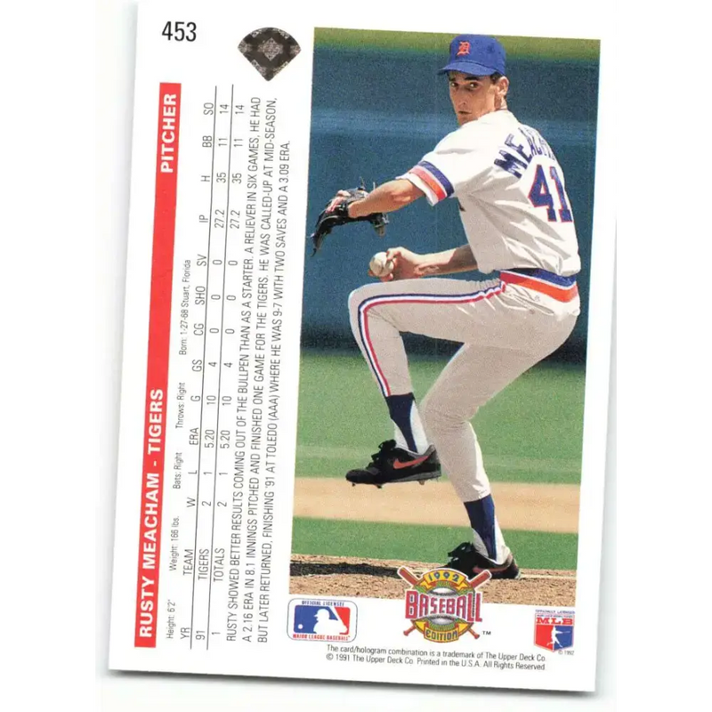 1992 Upper Deck #453 Rusty Meacham NM-MT Detroit Tigers Baseball Card - Baseball Card Single