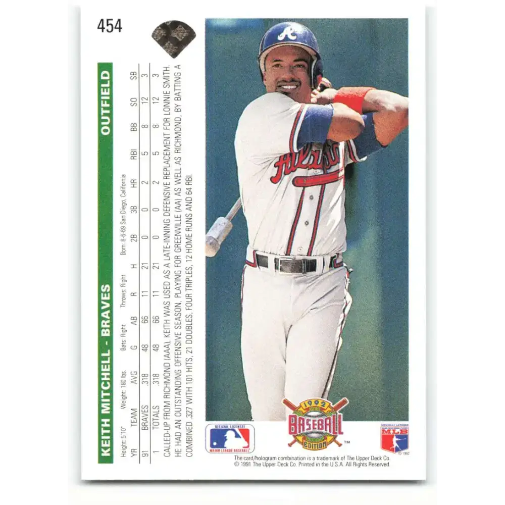 1992 Upper Deck #454 Keith Mitchell NM-MT Atlanta Braves Baseball Card - Baseball Card Single