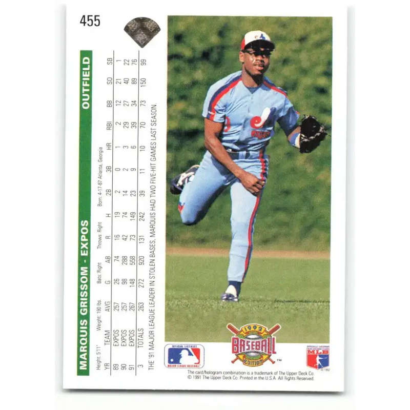 1992 Upper Deck #455 Marquis Grissom NM-MT Montreal Expos Baseball Card - Baseball Card Single