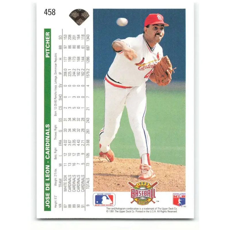 1992 Upper Deck #458 Jose DeLeon NM-MT St. Louis Cardinals Baseball Card - Baseball Card Single