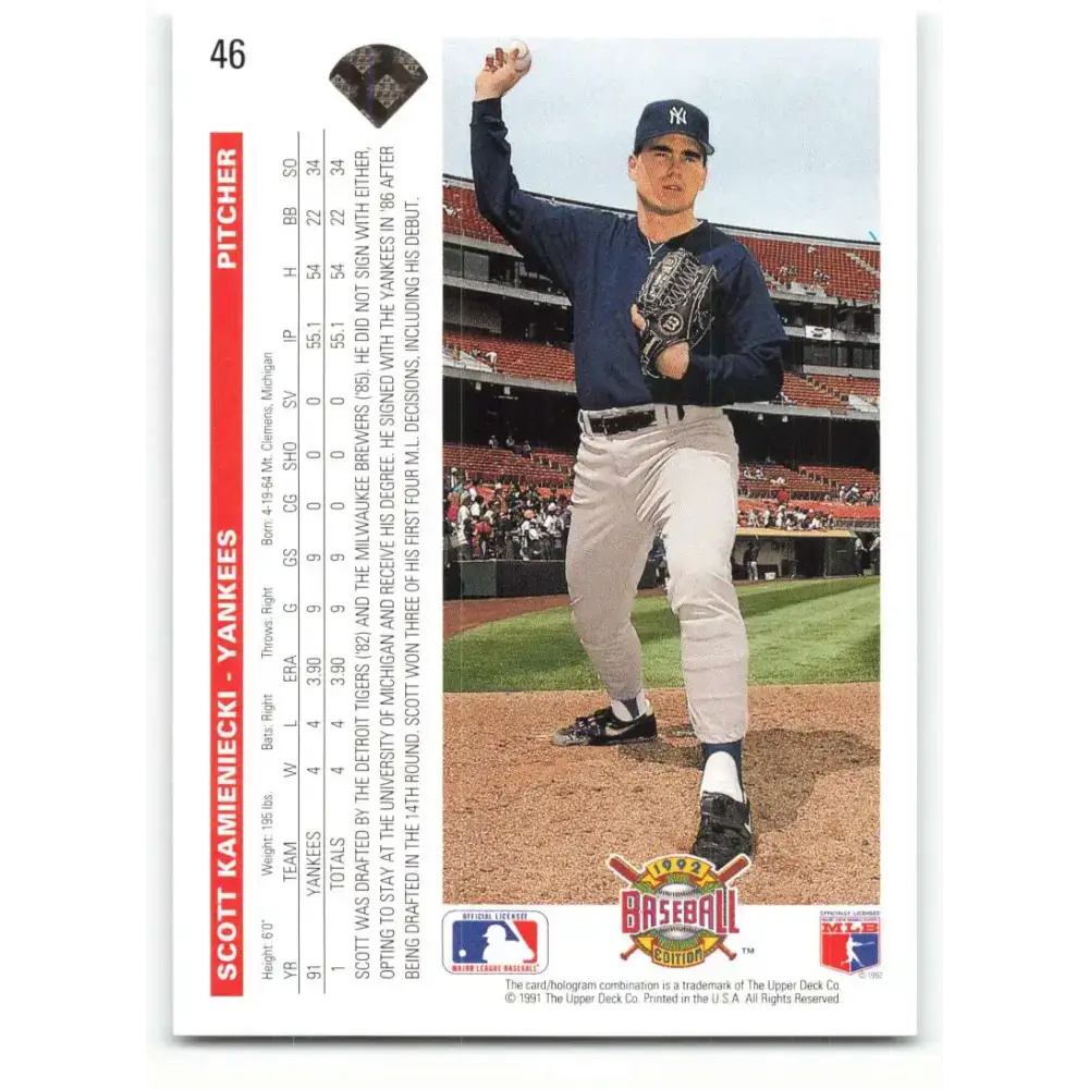 1992 Upper Deck #46 Scott Kamieniecki NM-MT New York Yankees Baseball Card - Baseball Card Single