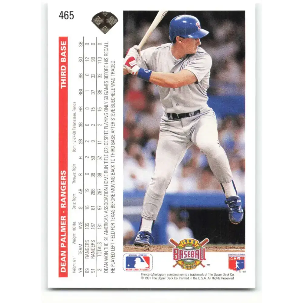 1992 Upper Deck #465 Dean Palmer NM-MT Texas Rangers Baseball Card - Baseball Card Single