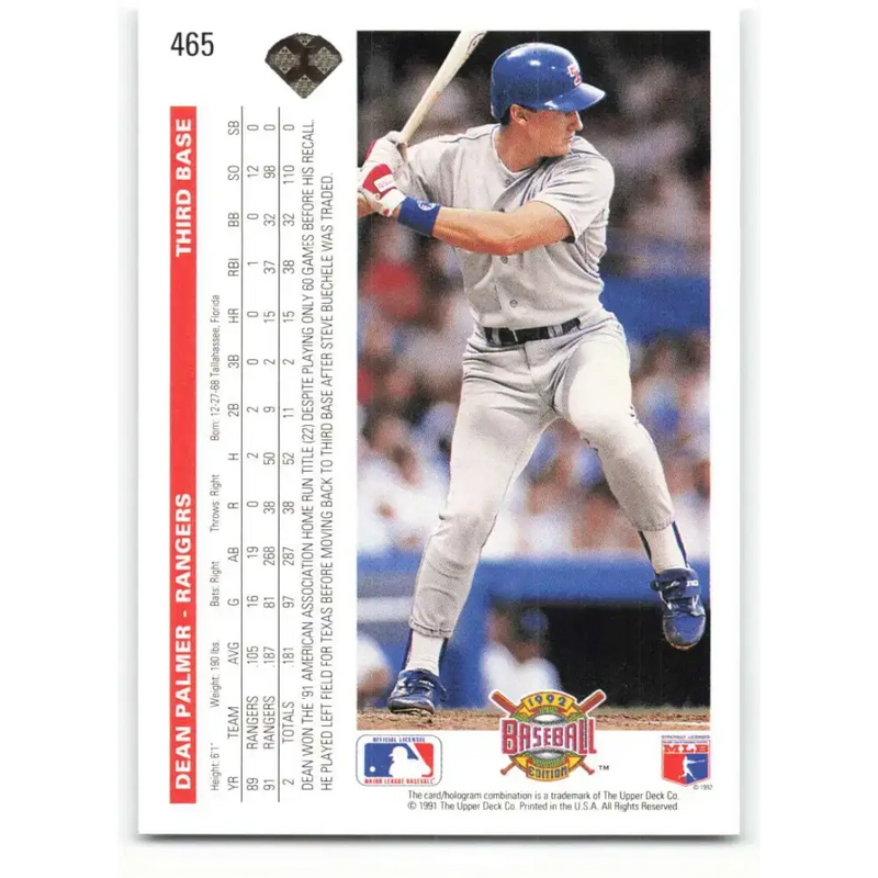 1992 Upper Deck #465 Dean Palmer NM-MT Texas Rangers Baseball Card - Baseball Card Single