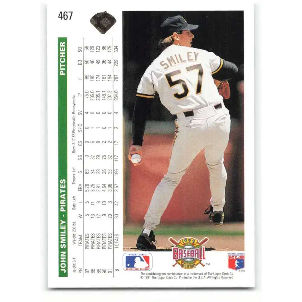 1992 Upper Deck #467 John Smiley NM-MT Pittsburgh Pirates Baseball Card - Baseball Card Single
