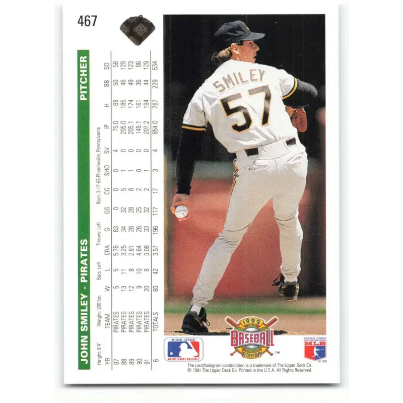 1992 Upper Deck #467 John Smiley NM-MT Pittsburgh Pirates Baseball Card - Baseball Card Single