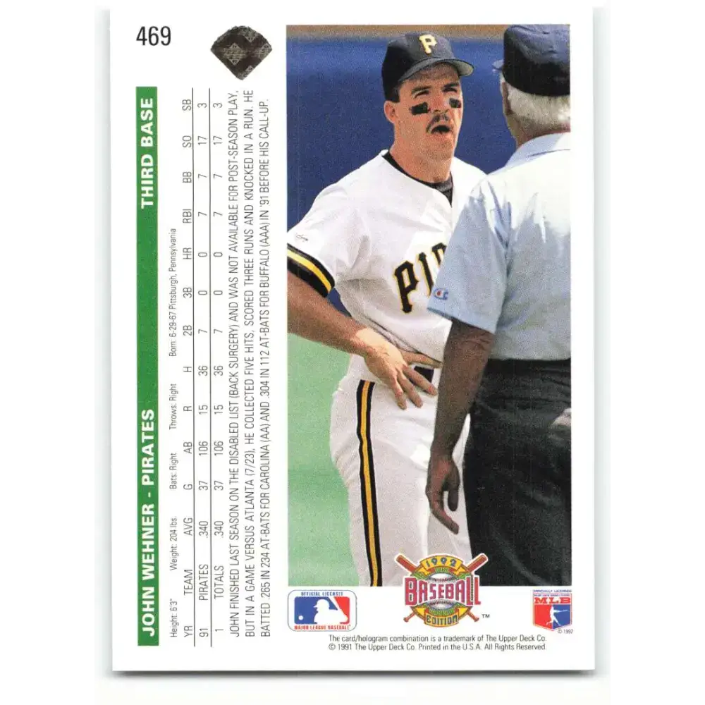 1992 Upper Deck #469 John Wehner NM-MT Pittsburgh Pirates Baseball Card - Baseball Card Single