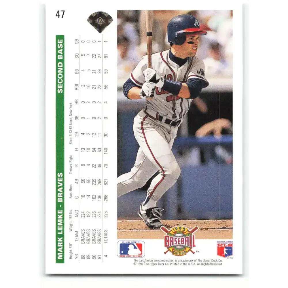 1992 Upper Deck #47 Mark Lemke NM-MT Atlanta Braves Baseball Card - Baseball Card Single