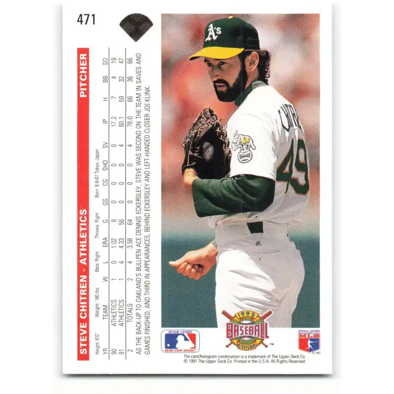 1992 Upper Deck #471 Steve Chitren NM-MT Oakland Athletics Baseball Card - Baseball Card Single