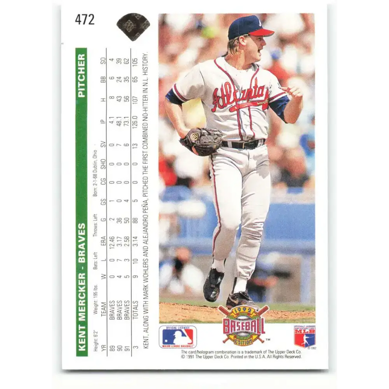 1992 Upper Deck #472 Kent Mercker NM-MT Atlanta Braves Baseball Card - Baseball Card Single