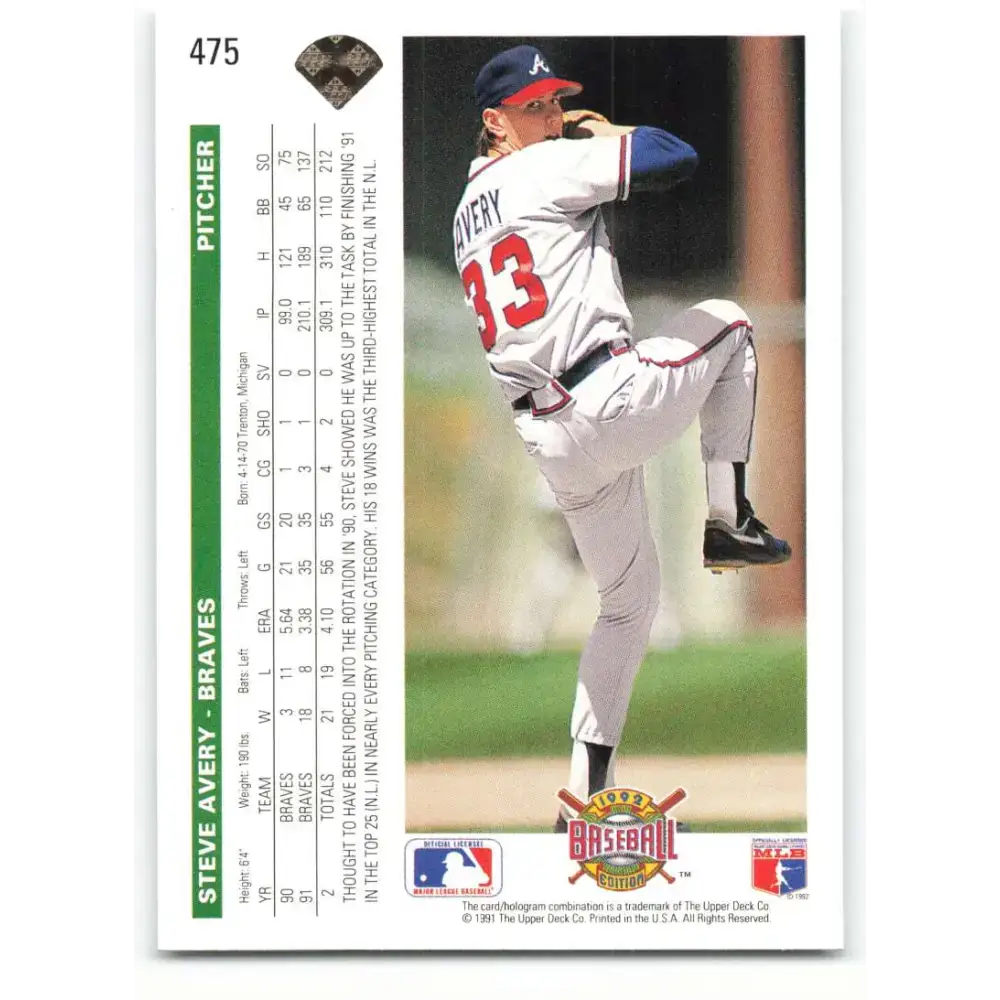 1992 Upper Deck #475 Steve Avery NM-MT Atlanta Braves Baseball Card - Baseball Card Single