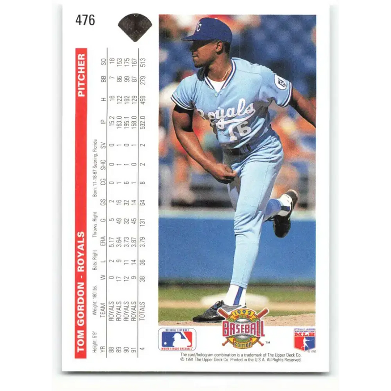 1992 Upper Deck #476 Tom Gordon NM-MT Kansas City Royals Baseball Card - Baseball Card Single