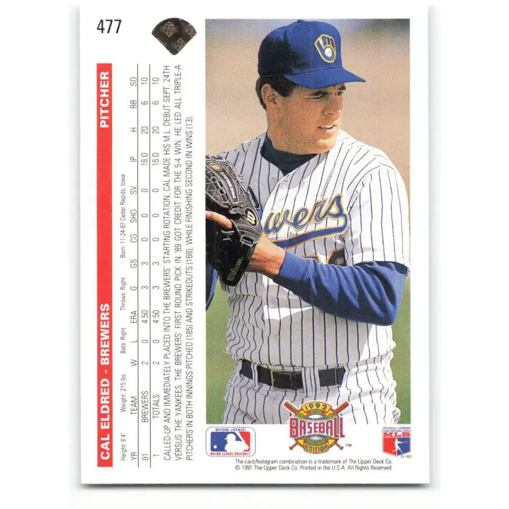 1992 Upper Deck #477 Cal Eldred NM-MT Milwaukee Brewers Baseball Card - Baseball Card Single
