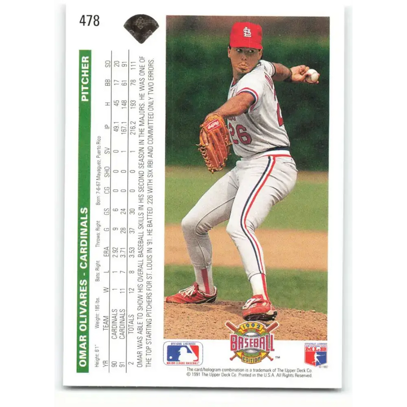 1992 Upper Deck #478 Omar Olivares NM-MT St. Louis Cardinals Baseball Card - Baseball Card Single