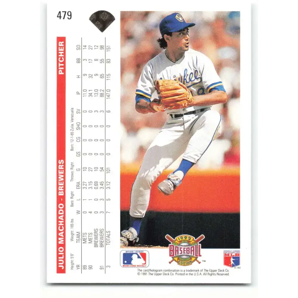 1992 Upper Deck #479 Julio Machado NM-MT Milwaukee Brewers Baseball Card - Baseball Card Single