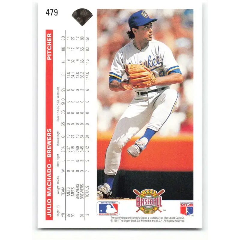 1992 Upper Deck #479 Julio Machado NM-MT Milwaukee Brewers Baseball Card - Baseball Card Single
