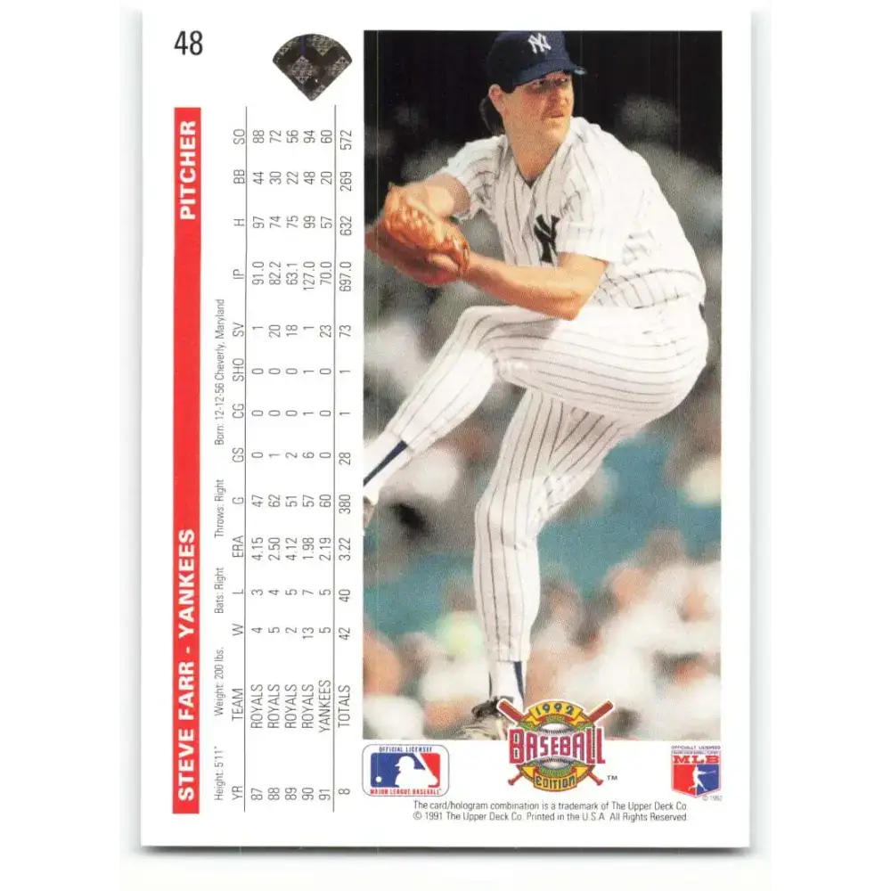 1992 Upper Deck #48 Steve Farr NM-MT New York Yankees Baseball Card - Baseball Card Single