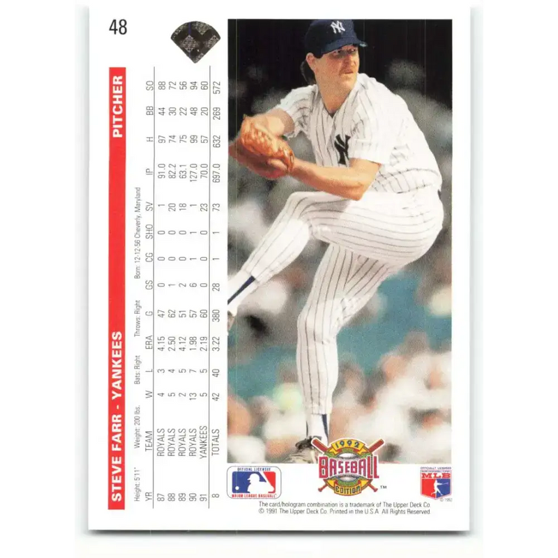 1992 Upper Deck #48 Steve Farr NM-MT New York Yankees Baseball Card - Baseball Card Single