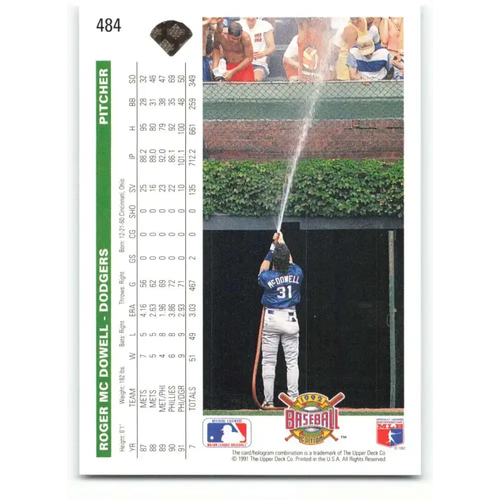 1992 Upper Deck #484 Roger McDowell NM-MT Los Angeles Dodgers Baseball Card - Baseball Card Single