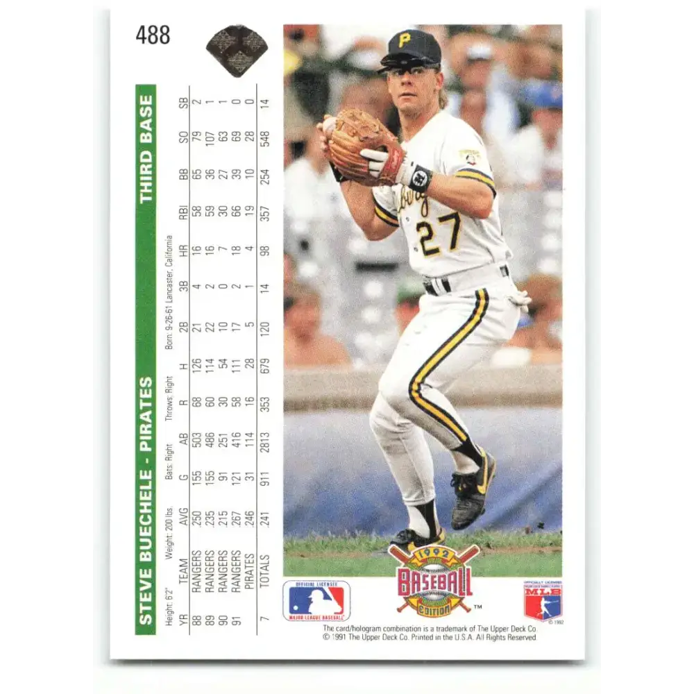 1992 Upper Deck #488 Steve Buechele NM-MT Pittsburgh Pirates Baseball Card - Baseball Card Single