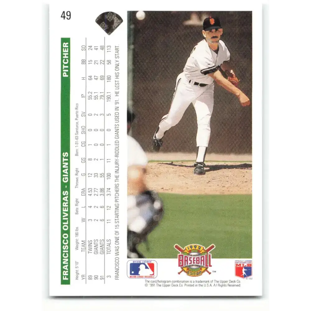 1992 Upper Deck #49 Francisco Oliveras NM-MT San Francisco Giants Baseball Card - Baseball Card Single