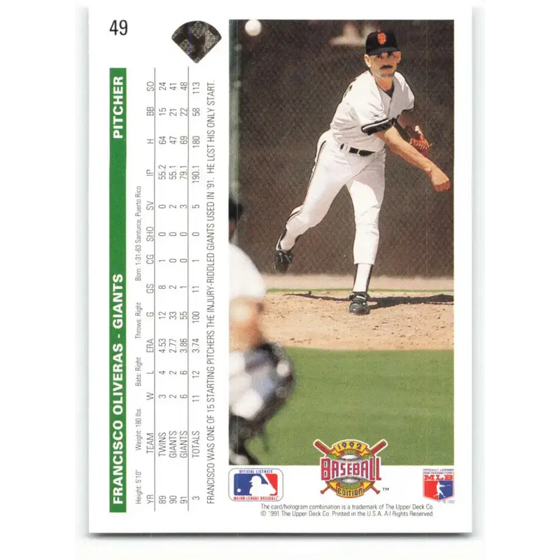 1992 Upper Deck #49 Francisco Oliveras NM-MT San Francisco Giants Baseball Card - Baseball Card Single