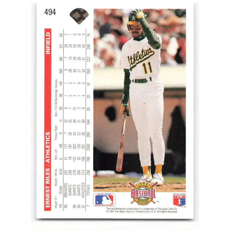 1992 Upper Deck #494 Ernest Riles NM-MT Oakland Athletics Baseball Card - Baseball Card Single