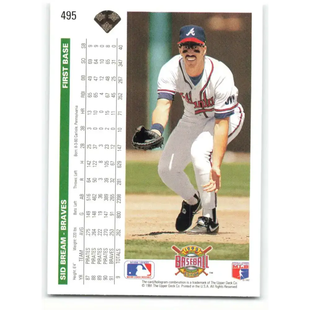 1992 Upper Deck #495 Sid Bream NM-MT Atlanta Braves Baseball Card - Baseball Card Single