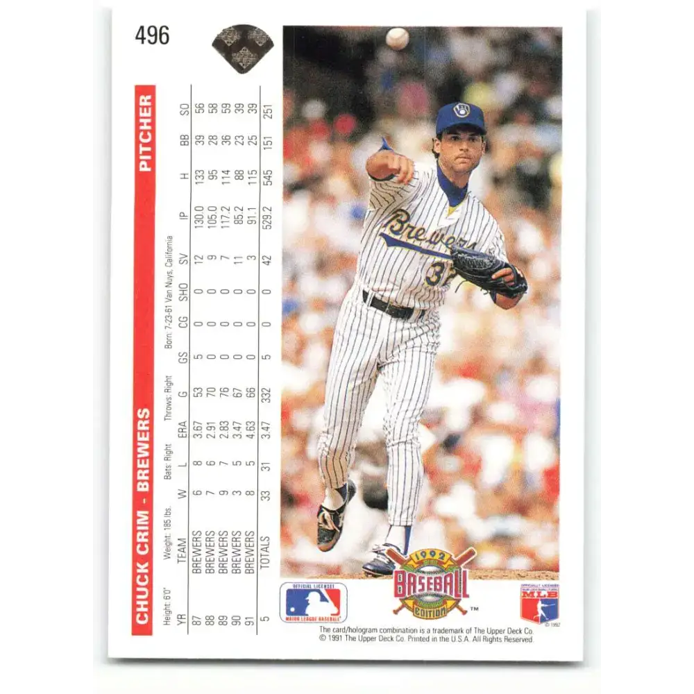 1992 Upper Deck #496 Chuck Crim NM-MT Milwaukee Brewers Baseball Card - Baseball Card Single