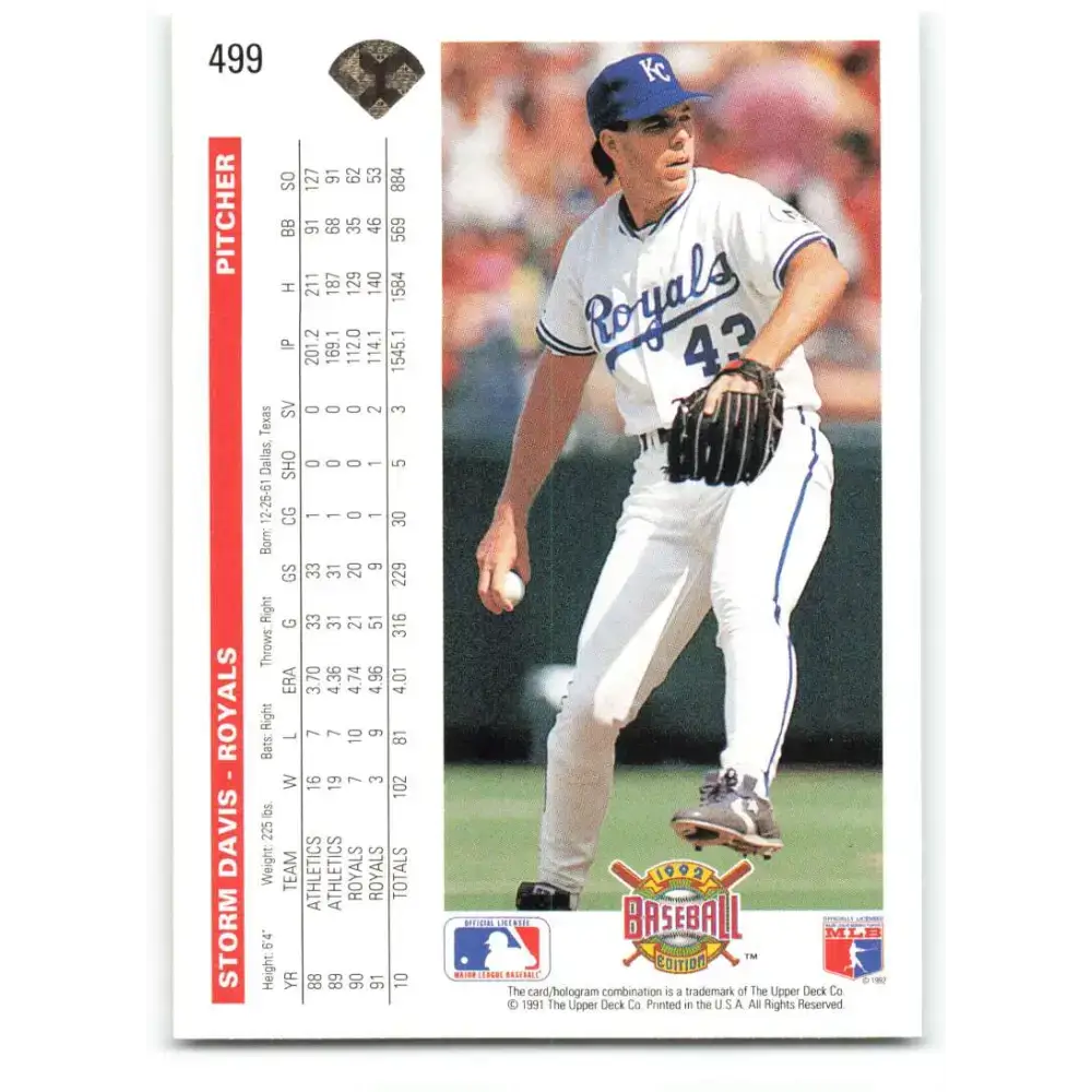 1992 Upper Deck #499 Storm Davis NM-MT Kansas City Royals Baseball Card - Baseball Card Single