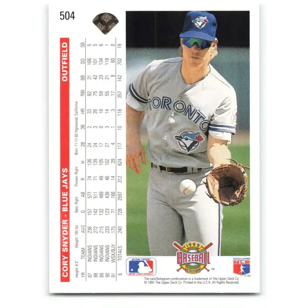 1992 Upper Deck #504 Cory Snyder NM-MT Toronto Blue Jays Baseball Card - Baseball Card Single