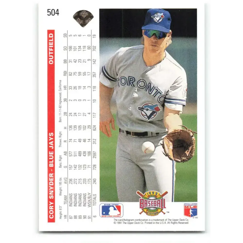 1992 Upper Deck #504 Cory Snyder NM-MT Toronto Blue Jays Baseball Card - Baseball Card Single