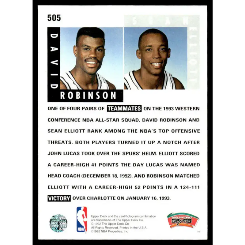 1992 Upper Deck #505 David Robinson / Sean Elliott ST NM/MT San Antonio Spurs Basketball Card - Basketball Card Single