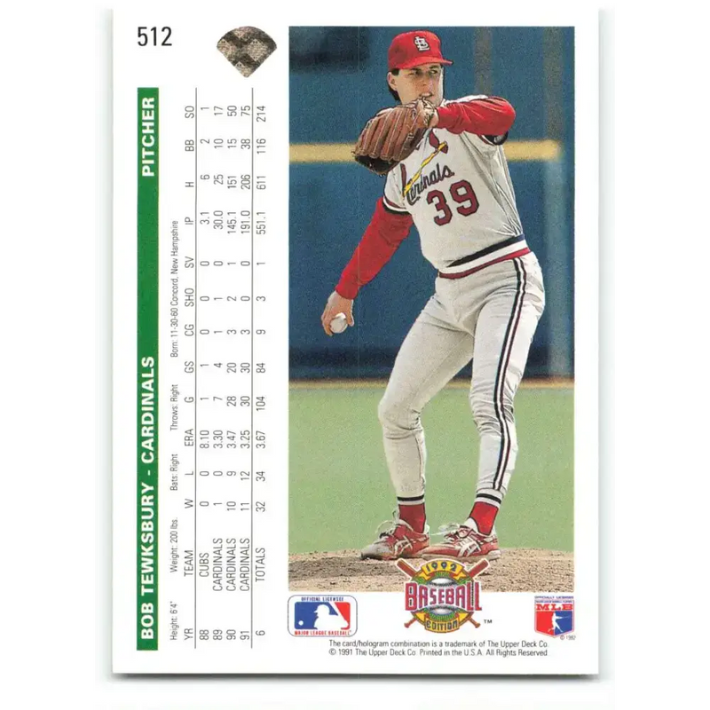1992 Upper Deck #512 Bob Tewksbury NM-MT St. Louis Cardinals Baseball Card - Baseball Card Single