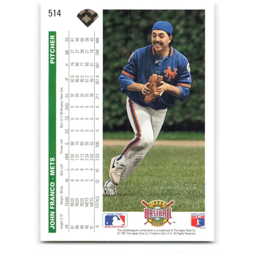 1992 Upper Deck #514 John Franco NM-MT New York Mets Baseball Card - Baseball Card Single