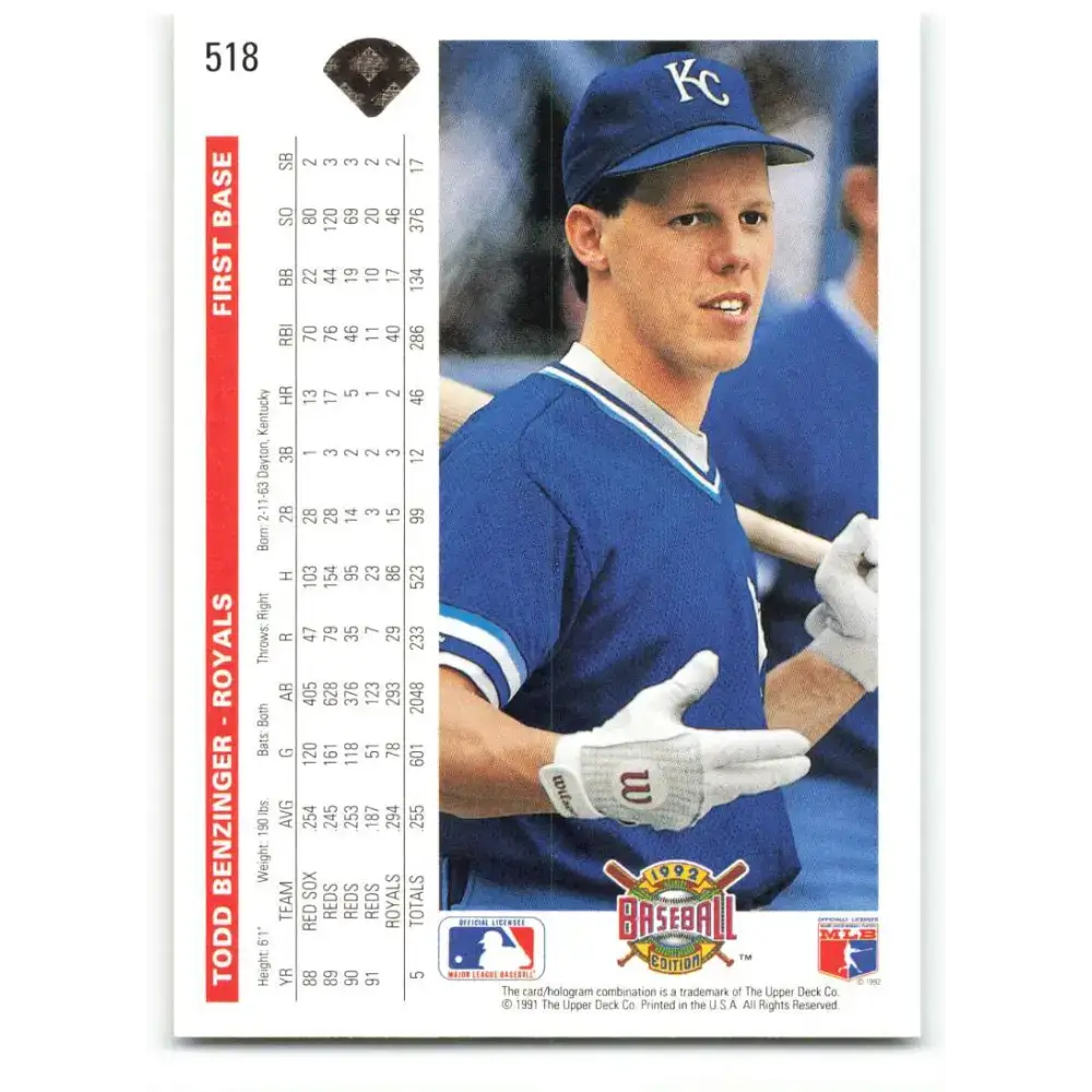 1992 Upper Deck #518 Todd Benzinger NM-MT Kansas City Royals Baseball Card - Baseball Card Single