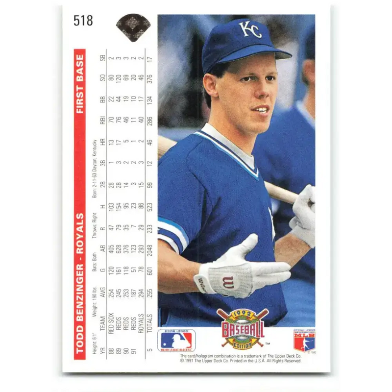 1992 Upper Deck #518 Todd Benzinger NM-MT Kansas City Royals Baseball Card - Baseball Card Single