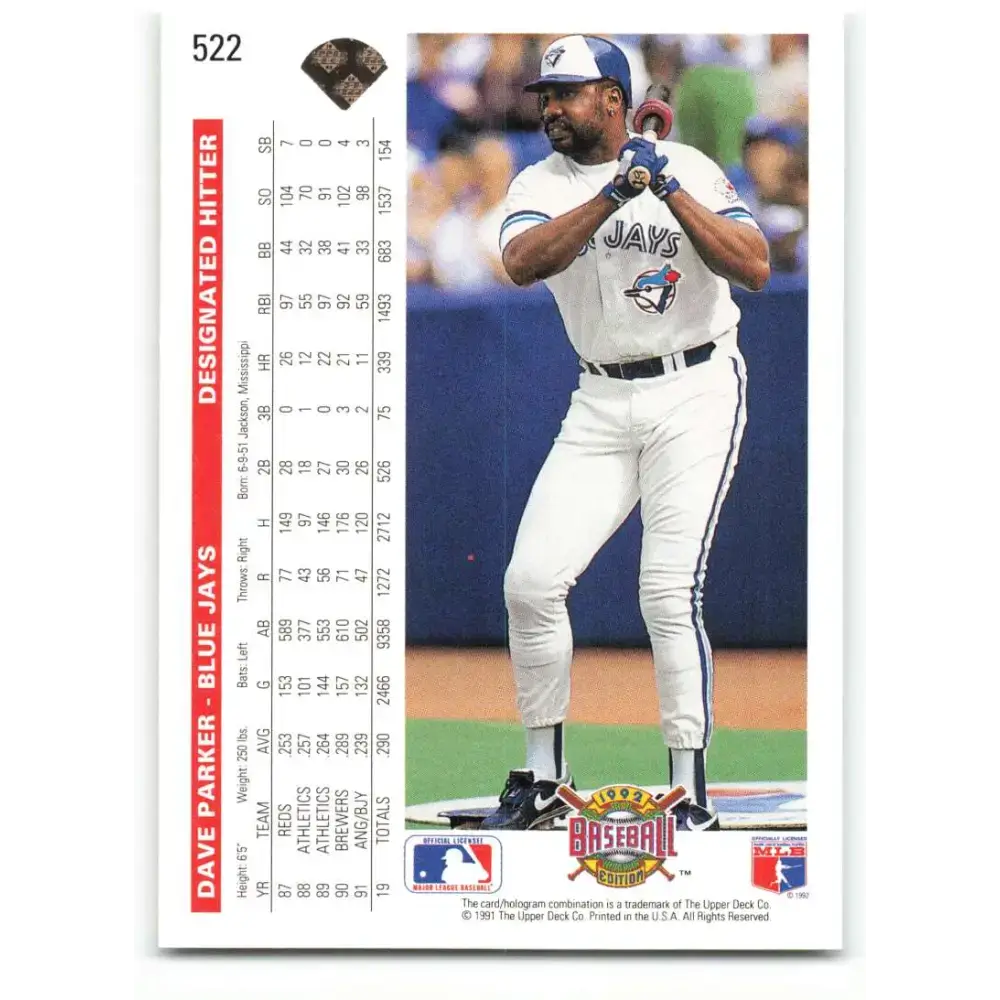 1992 Upper Deck #522 Dave Parker NM-MT Toronto Blue Jays Baseball Card - Baseball Card Single