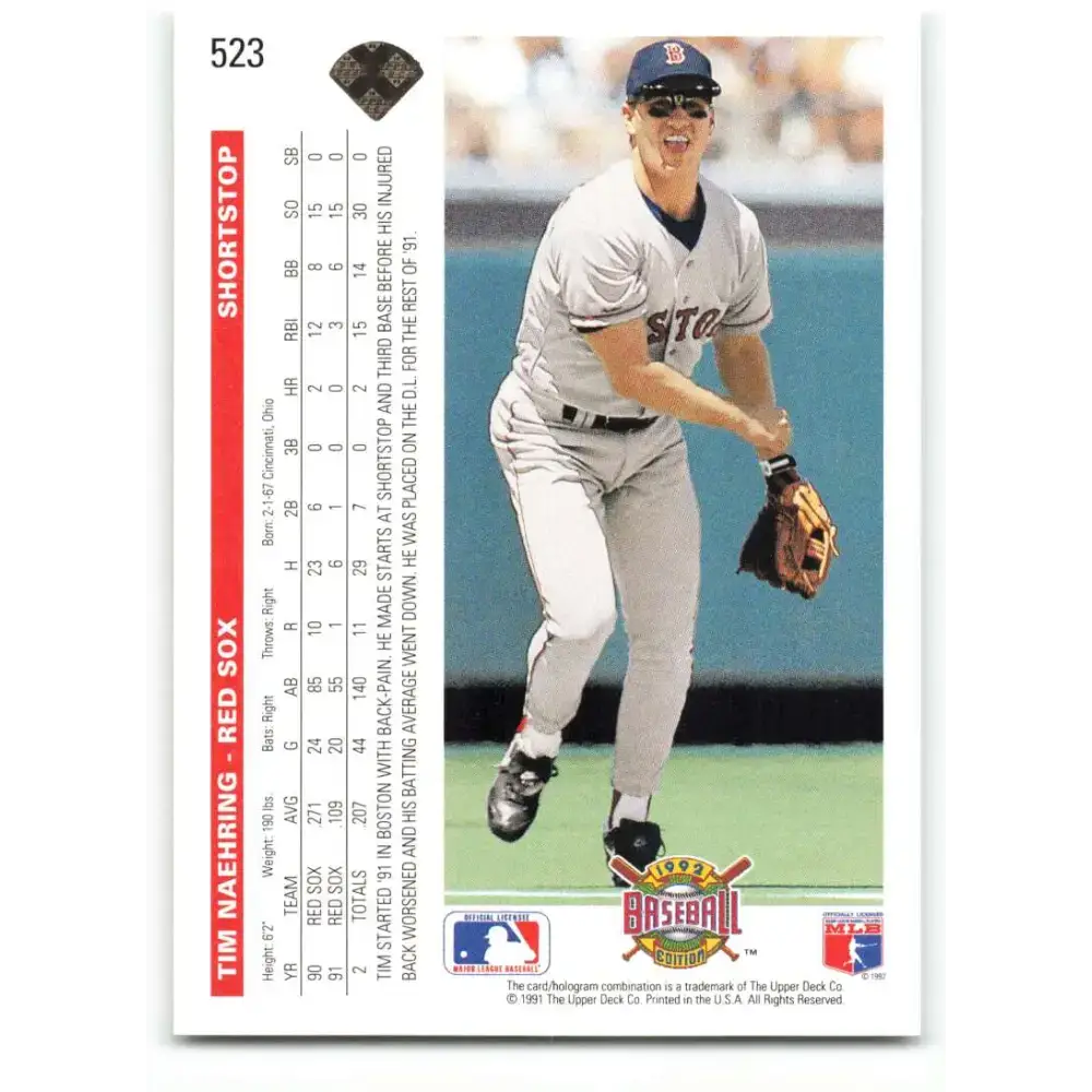 1992 Upper Deck #523 Tim Naehring NM-MT Boston Red Sox Baseball Card - Baseball Card Single