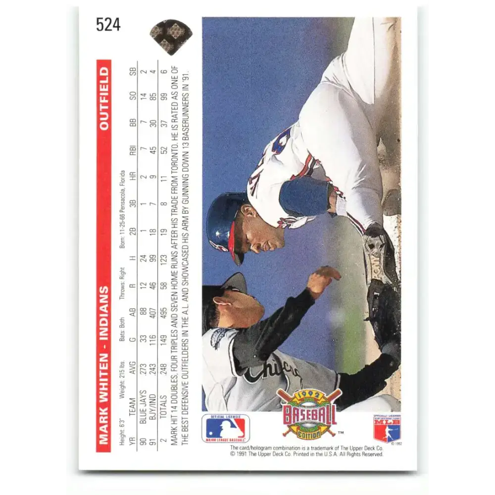 1992 Upper Deck #524 Mark Whiten NM-MT Cleveland Indians Baseball Card - Baseball Card Single