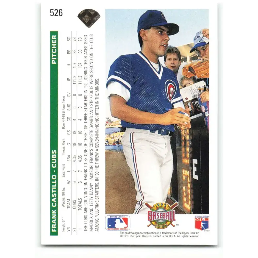 1992 Upper Deck #526 Frank Castillo NM-MT Chicago Cubs Baseball Card - Baseball Card Single