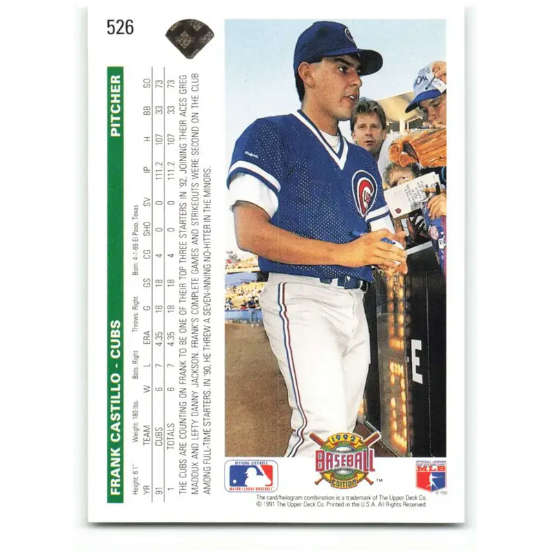 1992 Upper Deck #526 Frank Castillo NM-MT Chicago Cubs Baseball Card - Baseball Card Single