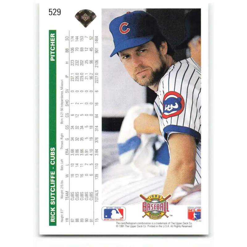 1992 Upper Deck #529 Rick Sutcliffe NM-MT Chicago Cubs Baseball Card - Baseball Card Single