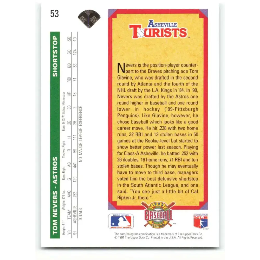 1992 Upper Deck #53 Tom Nevers TP NM-MT Houston Astros Baseball Card - Baseball Card Single