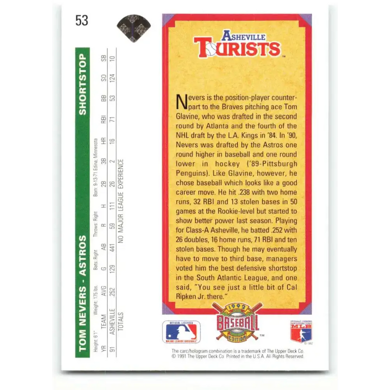 1992 Upper Deck #53 Tom Nevers TP NM-MT Houston Astros Baseball Card - Baseball Card Single