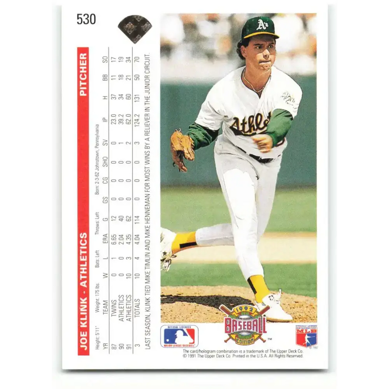 1992 Upper Deck #530 Joe Klink NM-MT Oakland Athletics Baseball Card - Baseball Card Single