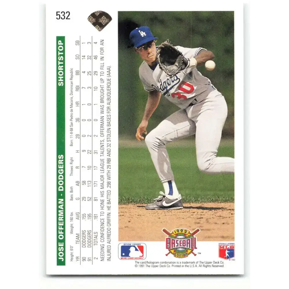 1992 Upper Deck #532 Jose Offerman NM-MT Los Angeles Dodgers Baseball Card - Baseball Card Single