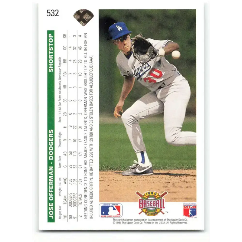 1992 Upper Deck #532 Jose Offerman NM-MT Los Angeles Dodgers Baseball Card - Baseball Card Single