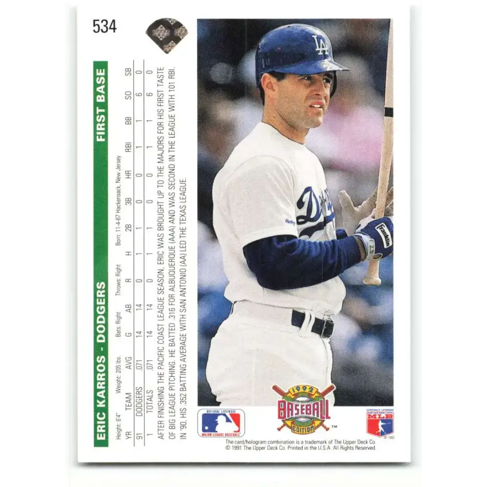 1992 Upper Deck #534 Eric Karros NM-MT Los Angeles Dodgers Baseball Card - Baseball Card Single