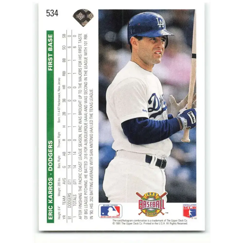 1992 Upper Deck #534 Eric Karros NM-MT Los Angeles Dodgers Baseball Card - Baseball Card Single