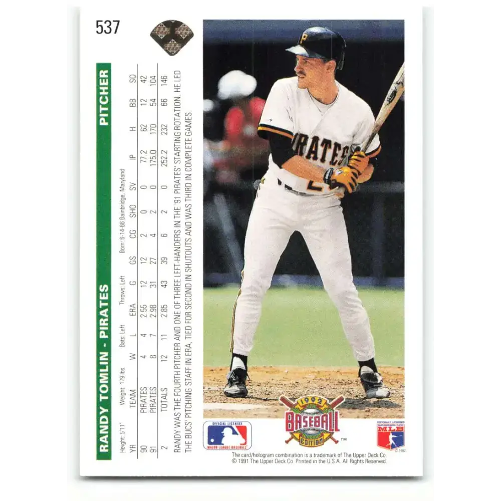1992 Upper Deck #537 Randy Tomlin NM-MT Pittsburgh Pirates Baseball Card - Baseball Card Single